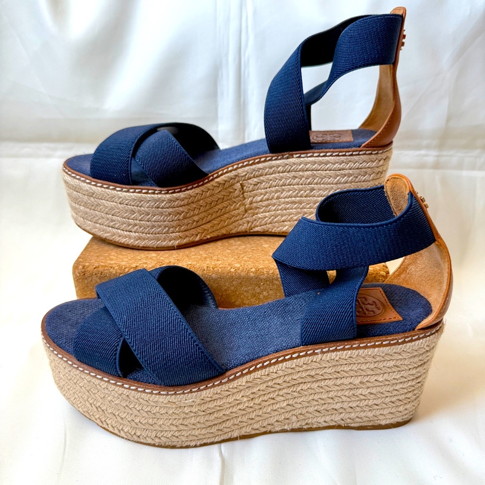 Tory Burch Freida Canvas Leather Blue Platform Espadrille Sandals Women's Sz 7